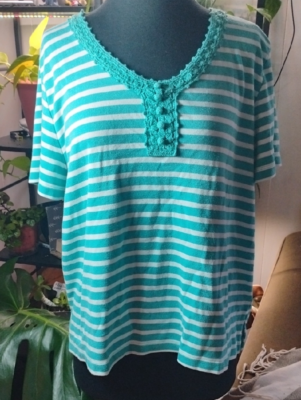Alfred Dunner Teal and White Striped Short-Sleeve Knit Top